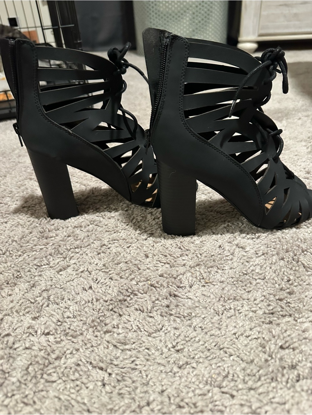 Black Lace-Up Cutout Women's Heeled Sandals - Picture 4 of 5